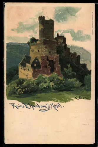 Künstler-Lithographie Carl Biese: Brodenbach, Ruine Ehrenburg an der Mosel