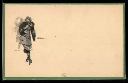 Künstler-AK Franz J. Lenhart: Elegant gekleidete Dame mit Pelz