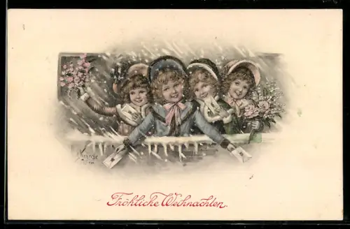 Künstler-AK Kränzle: Vier Kinder mit Blumenstrauss in winterlicher Kleidung
