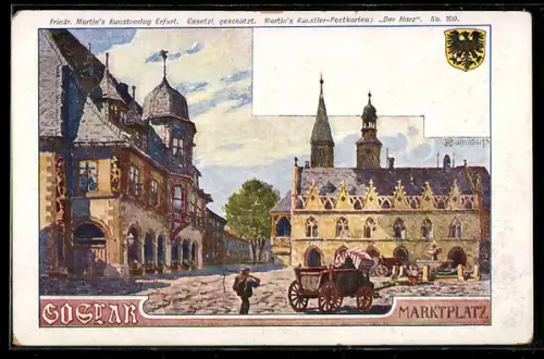 Künstler-AK H. Bahndorf: Goslar, Partie am Marktplatz mit Kirchturm
