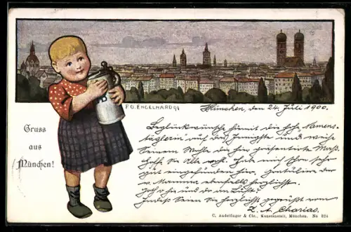 Künstler-AK P. O. Engelhard (P.O.E.): München, Totalansicht und Kind mit Deckelschoppen im Passepartout