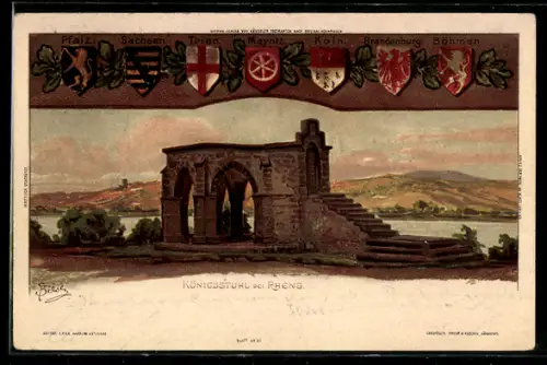 Künstler-AK C.Biese: Rhens, Der Königsstuhl, Wappen