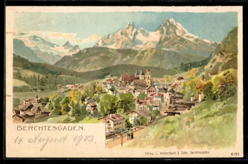 Künstler-AK Karl Heinisch: Berchtesgaden, Ortsansicht aus der Vogelschau