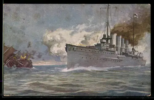 Künstler-AK Hans Rudolf Schulze: Kreuzer Karlsruhe versenkt im Atlantik ein französisches Segelschiff, Kriegsschiff