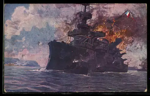 Künstler-AK Hans Rudolf Schulze: Dardanellen, türkische Batterien versenken franz. Panzerschiff Bouvet