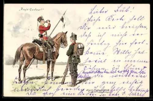 Künstler-AK Carl Becker: Prosit Couleur, Soldat in Uniform