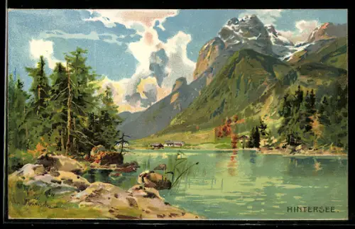 Künstler-AK Karl Heinisch: Hintersee, Flusspartiel mit Blick zum Berg