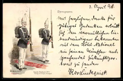 Künstler-AK Carl Becker: Ehrenposten, Soldaten in Uniform mit präsentiertem Gewehr