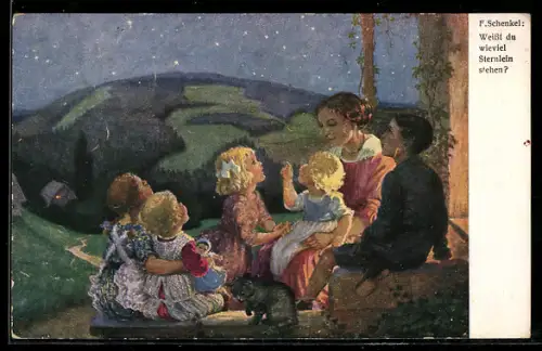 Künstler-AK Franziska Schenkel: Mutter mit ihren Kindern unterm Sternenhimmel