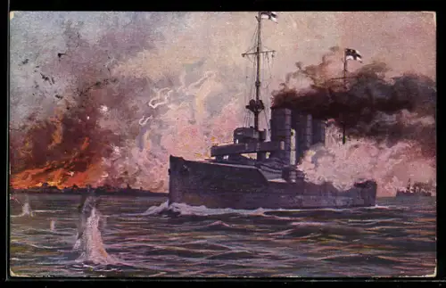 Künstler-AK Hans Rudolf Schulze: S. M. S. Augsburg Libau beschiessend