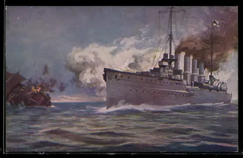 Künstler-AK Hans Rudolf Schulze: Kreuzer Karlsruhe versenkt im Atlantik ein französisches Segelschiff, Kriegsschiff