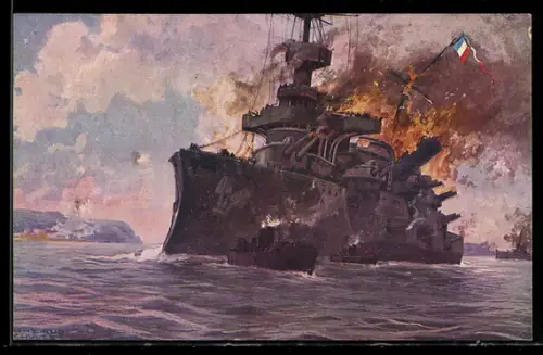 AK Französisches Panzerschiff Bouvet sinkt nach Beschuss mit türkischen Batterien