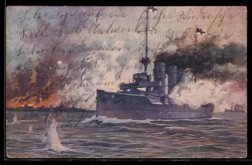 Künstler-AK Hans Rudolf Schulze: S. M. S. Augsburg Libau beschiessend
