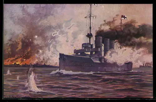 Künstler-AK Hans Rudolf Schulze: Kriegsschiff S.M.S. Augsburg Libau beschiessend