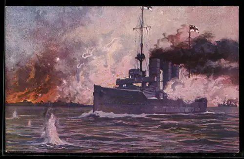 Künstler-AK Hans Rudolf Schulze: Kriegsschiff S.M.S. Augsburg Libau beschiessend
