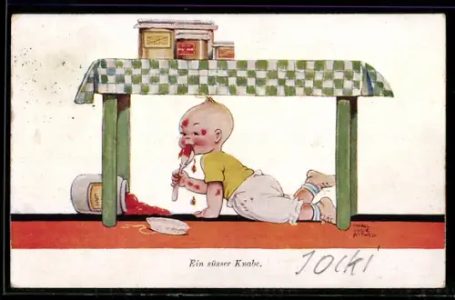 Künstler-AK Mabel Lucie Attwell: Kleinkind mit Marmelade unterm Tisch