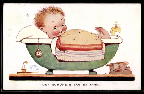 Künstler-AK Mabel Lucie Attwell: Kind liegt in einer Badewanne