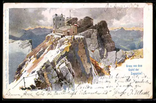 Künstler-AK Ernst Platz: Berghütte auf Gipfel der Zugspitze