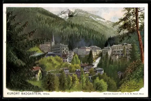 Künstler-AK F.A.C.M. Reisch: Badgastein, Ortsansicht aus der Vogelschau