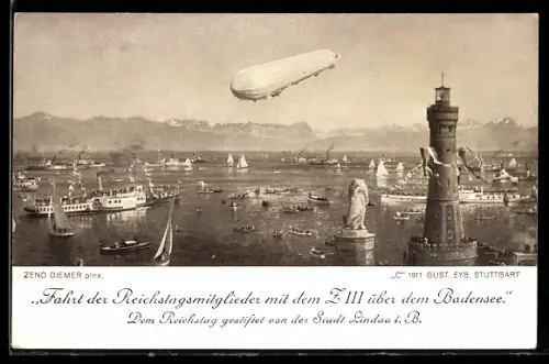 Künstler-AK Zeno Diemer: Lindau, Zeppelinfahrt der Reichstagsmitglieder mit dem Z III. über dem Bodensee
