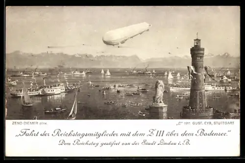 Künstler-AK Zeno Diemer: Lindau, Zeppelinfahrt der Reichstagsmitglieder mit dem Z III. über dem Bodensee
