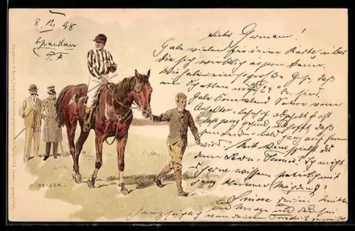 Künstler-AK Carl Becker: Jockey auf seinem Pferd
