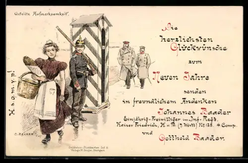 Künstler-AK Carl Becker: Soldat in Uniform an einem Wachposten sieht einer hübschen Dame nach