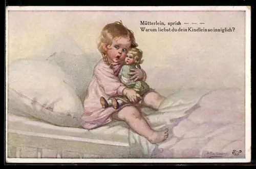 Künstler-AK Wally Fialkowska: Kleines Mädchen mit Puppe im Bett