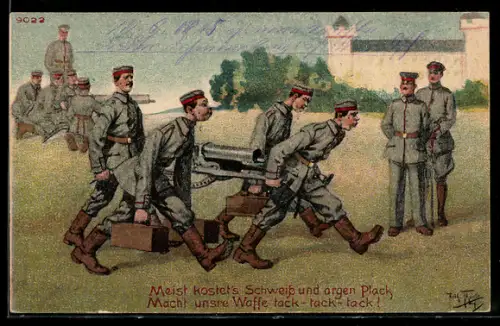 Künstler-AK Arthur Thiele: Soldaten in Uniform beim Tragen eines Maschinengewehrs
