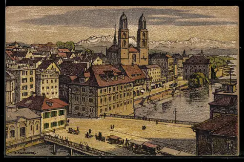 Künstler-AK Ernst E. Schlatter: Zürich, Rathaus und Grossmünter