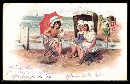 Künstler-AK Kränzle: Kinder am Strand mit Regenschirm und Strandkorb