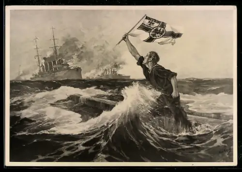Künstler-AK Hans Bohrdt: Der letzte Mann, Seeschlacht bei den Falklandinseln 1914, Matrose mit Reichskriegsfahne