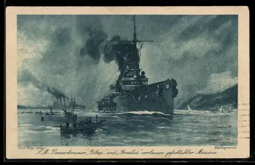Künstler-AK Willy Stoewer: Messina, Panzerkreuzer S. M. Göben und Breslau bei der Ausfahrt