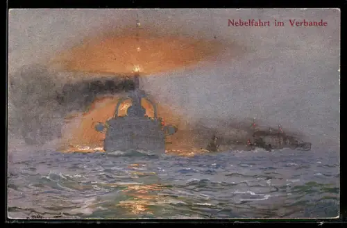 Künstler-AK Hans Bohrdt: Kriegsschiffe bei Nebelfahrt im Verbande