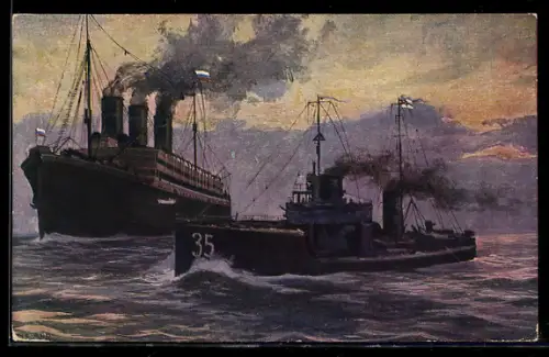 Künstler-AK Hans Rudolf Schulze: Deutsches Torpedoboot 35 kapert russischen Hilfskreuzer im Finnischen Meerbusen