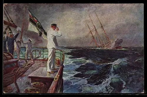 Künstler-AK Hans Bohrdt: Der letzte Gruss, Abschied des Kapitänleutnants Hellmuth von Mücke von der Anesha am 16.12. 1914