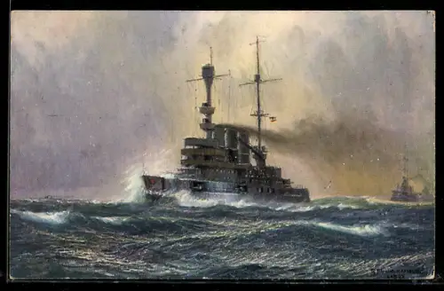 Künstler-AK Flagschiff Schleswig-Holstein auf See