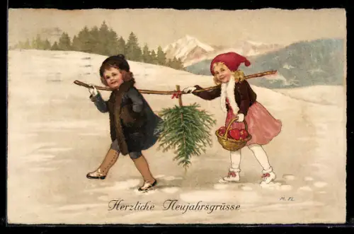 Künstler-AK Marie Flatscher (M.FL.): Kinder tragen einen kleinen Christbaum in schneebedeckter Landschaft
