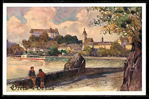 Künstler-AK Grein a. d. Donau, Ortsansicht mit Dampfer