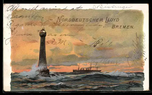 Künstler-AK Hans Bohrdt: Dampfer Friedrich der Grosse bei einem Leuchtturm im Jahr 1908