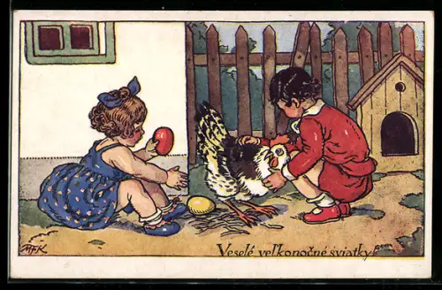 Künstler-AK M. Fischerova-Kvechova (MFK): Kinder mit einem Huhn und Eiern
