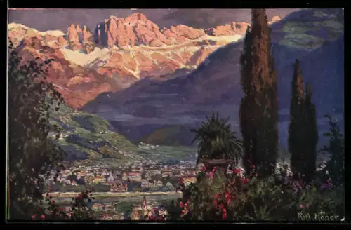 Künstler-AK Rudolf Alfred Höger: Bolzano-Gries, Panorama col Catinaccio
