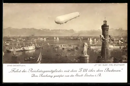 Künstler-AK Zeno Diemer: Lindau, Zeppelinfahrt der Reichstagsmitglieder mit dem Z III. über dem Bodensee