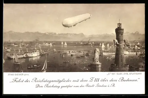 Künstler-AK Zeno Diemer: Lindau, Zeppelinfahrt der Reichstagsmitglieder mit dem Z III. über dem Bodensee