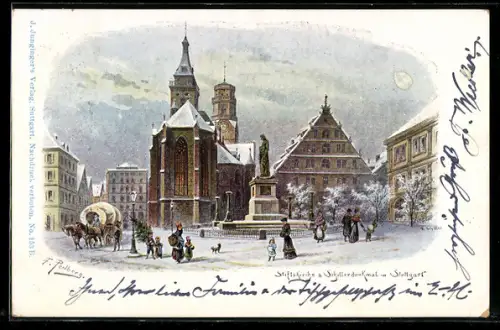 Künstler-AK Friedrich Perlberg: Stuttgart, Stiftskirche und Schillerdenkmal im Winter