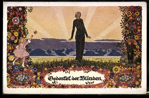 Künstler-AK Ernst Kutzer: Gedenket der Blinden, Frau mit Blick zum Himmel gerichtet, Mädchen mit Schmetterling
