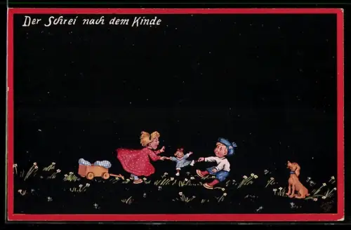 Künstler-AK Wally Fialkowska: Zwei Kinder streiten sich um eine Puppe