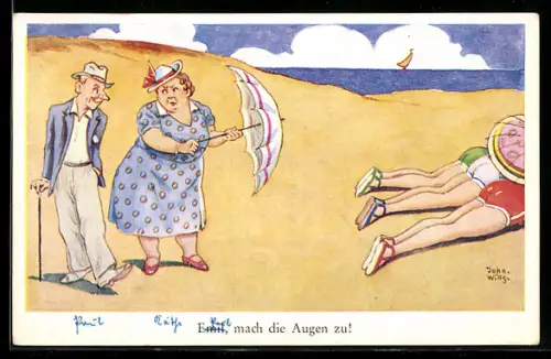 Künstler-AK John Wills: Mann schaut auf schöne Hintern von Frauen am Strand