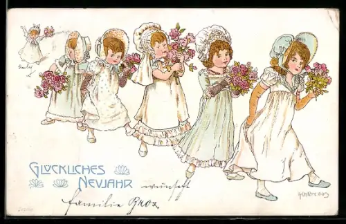 Künstler-AK Adolf Karpellus: Fein gekleidete Kinder mit Rosensträussen