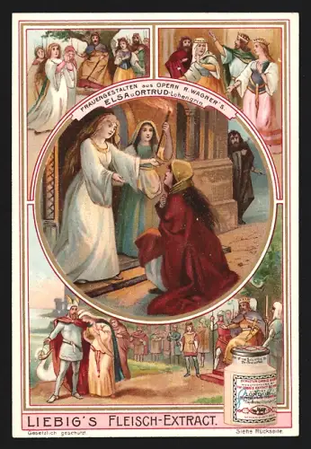 Sammelbild Liebig, Fleisch-Extrakt, Frauengestalten aus Opern, Elsa und Ortrud aus Wagners Lohengrin